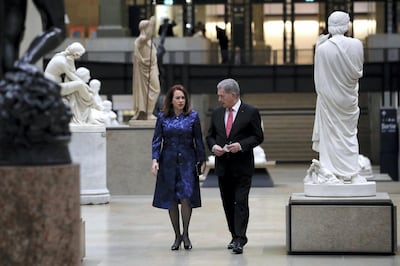 Maria Fernanda Espinosa Garces, President of the 73rd United Nations General Assembly (L) and guest arrive at the Musee d'Orsay in Paris on November 10, 2018 to attend a state diner and a visit of the Picasso exhibition as part of ceremonies marking the 100th anniversary of the 11 November 1918 armistice, ending World War I. (Photo by Ian LANGSDON / POOL / AFP)
