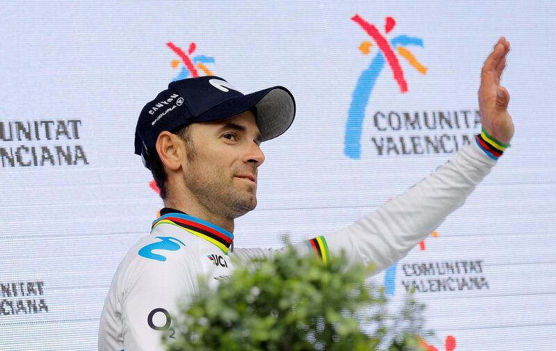 epa07359371 Spanish rider Alejandro Valverde of Movistar team celebrates on the podium after finishing second the 70th La Volta Ciclista a la Comunitat Valenciana cycling race in Valencia, eastern Spain, 10 February 2019. The race covered 88,5 km between the towns of Paterna and Valencia.  EPA/Manuel Bruque