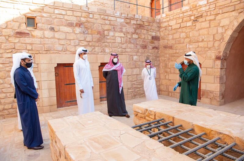 His Highness Saudi Arabia's Crown Prince Mohammed bin Salman accompanies His Highness Qatar's Emir Sheikh Tamim bin Hamad al-Thani on a tour of the archaeological sites in Al-Ula. Courtesy of Saudi Royal Court