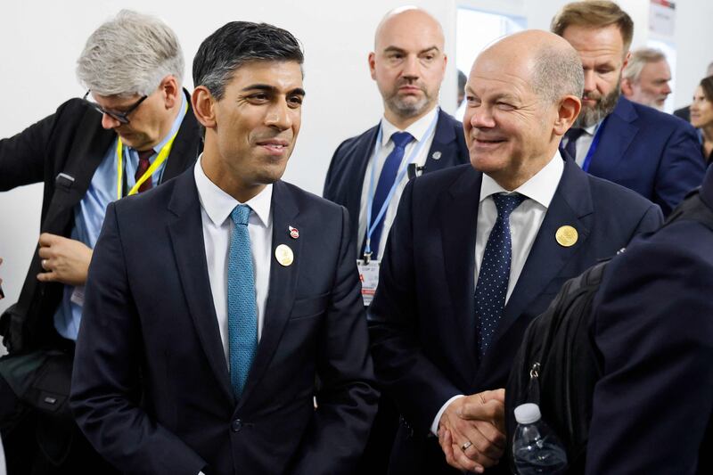 British Prime Minister Rishi Sunak and Mr Scholz meet on the sidelines of the Cop27 climate summit in Egypt's Red Sea resort city of Sharm El Sheikh in November. AFP