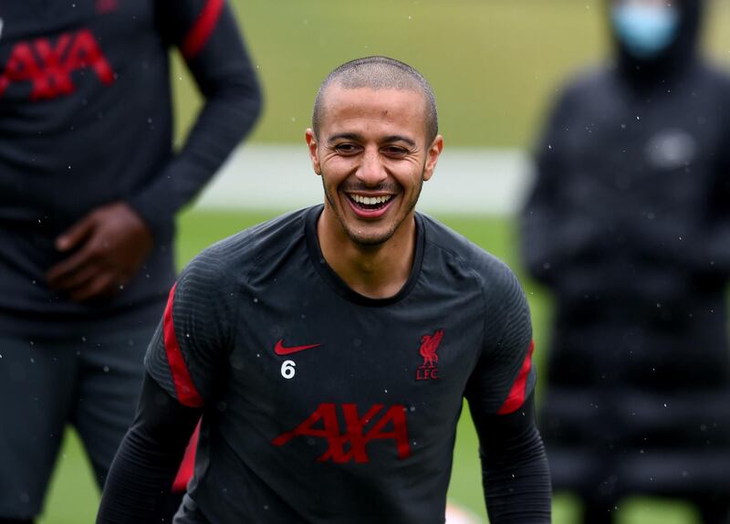 KIRKBY, ENGLAND - MAY 11: (THE SUN OUT, THE SUN ON SUNDAY OUT) Thiago Alcantara of Liverpool during a training session at AXA Training Centre on May 11, 2021 in Kirkby, England. (Photo by Andrew Powell/Liverpool FC via Getty Images)