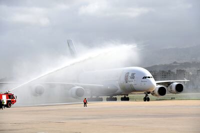 The first A380 to land at Rafik Hariri International Airport is met with a water cannon salute. Emirates