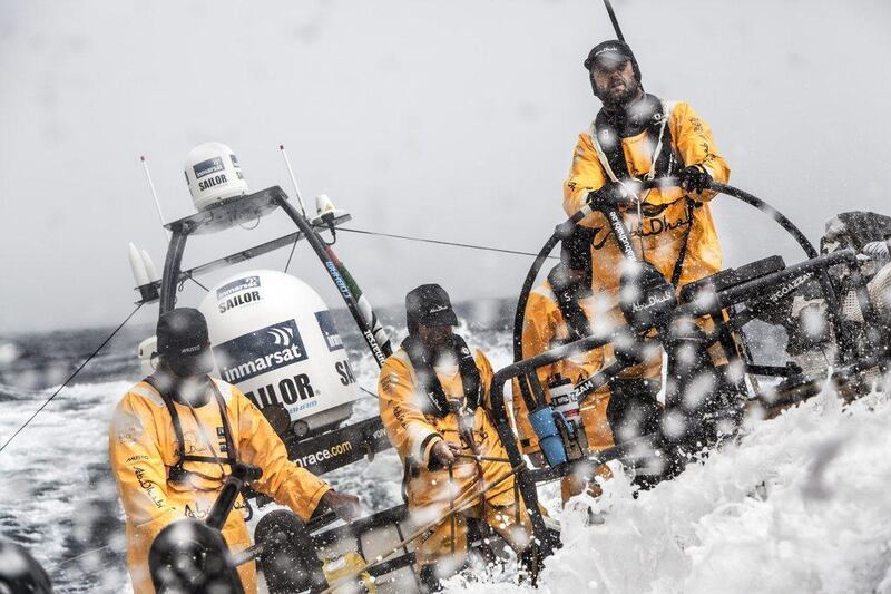 Waves crash over Azzam as Abu Dhabi Ocean Racing make their way to Cape Town, South Africa on Halloween Day. Matt Knighton / Abu Dhabi Ocean Racing / Volvo Ocean Race / October 31, 2014