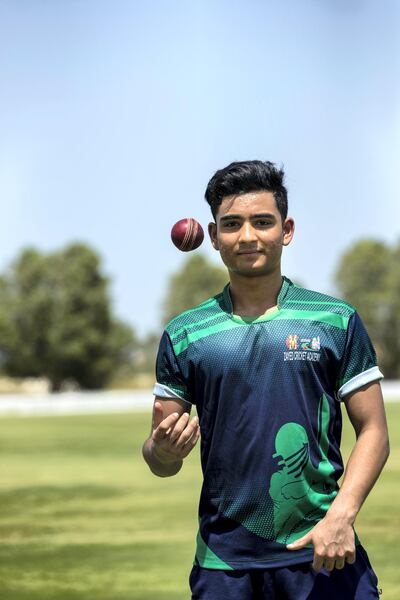 Abu Dhabi, United Arab Emirates, August 25, 2017:     Huzaifah Khan, 17, at the cricket councilÕs nursery oval in the Khalifa City area of Abu Dhabi on August 25, 2017. Khan and his brother, are products of the Zayed Cricket Academy, and both have goals of landing on university squads in the United Kingdom. Christopher Pike / The National

Reporter: Amith Passela
Section: Sport