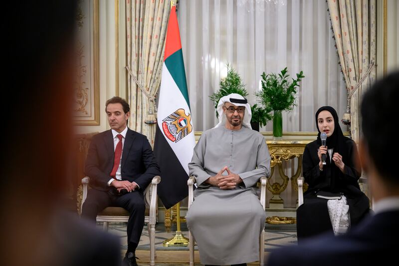 Sheikh Mohamed with Sheikh Hazza bin Zayed, left, and Shamma bint Suhail Al Mazrouei.