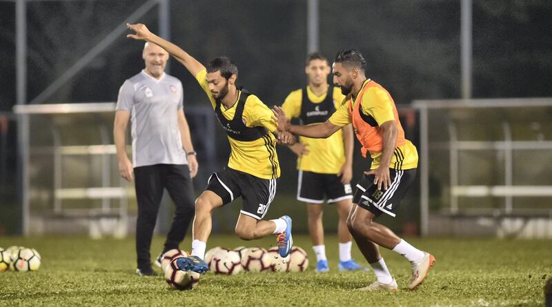 The UAE national team train in Shah Alam ahead of Tuesday's World Cup qualification opener against Malaysia in Kuala Lumpur. The match represents new manager Bert van Marwijk's first competitive fixture in charge. Courtesy UAE FA