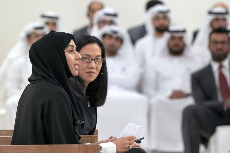 ABU DHABI, UNITED ARAB EMIRATES - May 23, 2018: HE Hessa Essa Buhumaid, UAE Minister of Community Development (L), speaks during a lecture by Angela Duckworth (R), titled ‘True Grit: The Surprising, and Inspiring Science of Success’, at Majlis Mohamed bin Zayed.

( Rashed Al Mansoori / Crown Prince Court - Abu Dhabi )
---