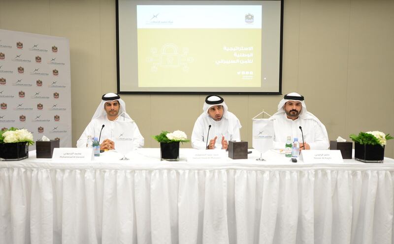 Hamad Obaid Al Mansoori, TRA’s director general (C), at the launch of UAE National Cybersecurity Strategy. Courtesy TRA
