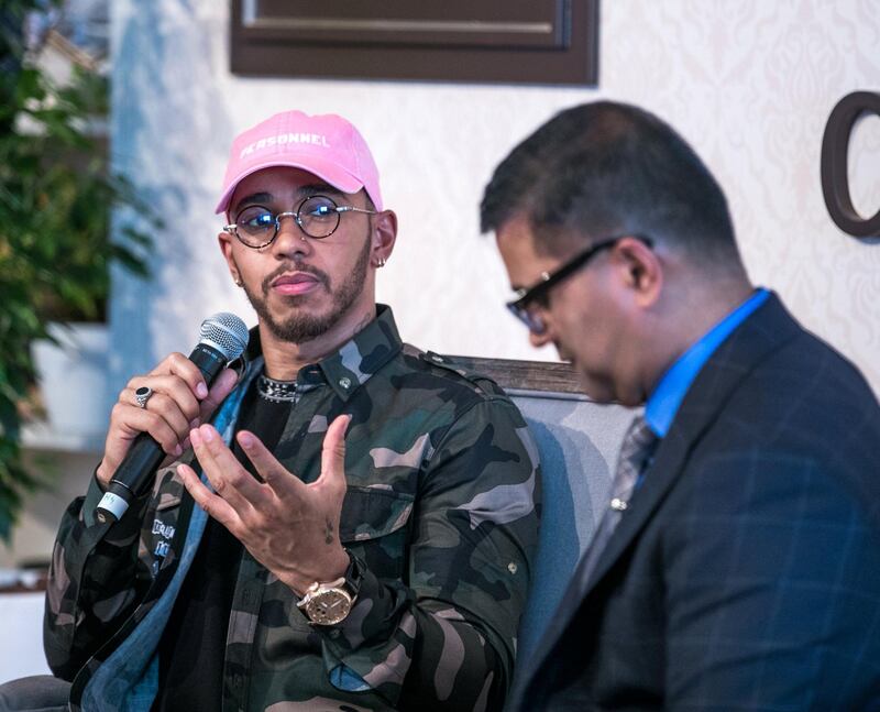Dubai, UAE. March18, 2018.
 GESF Education Forum - Day 1 - Lewis Hamilton during the forum.
Victor Besa / The National
National
Reporter:  Roberta Pennington