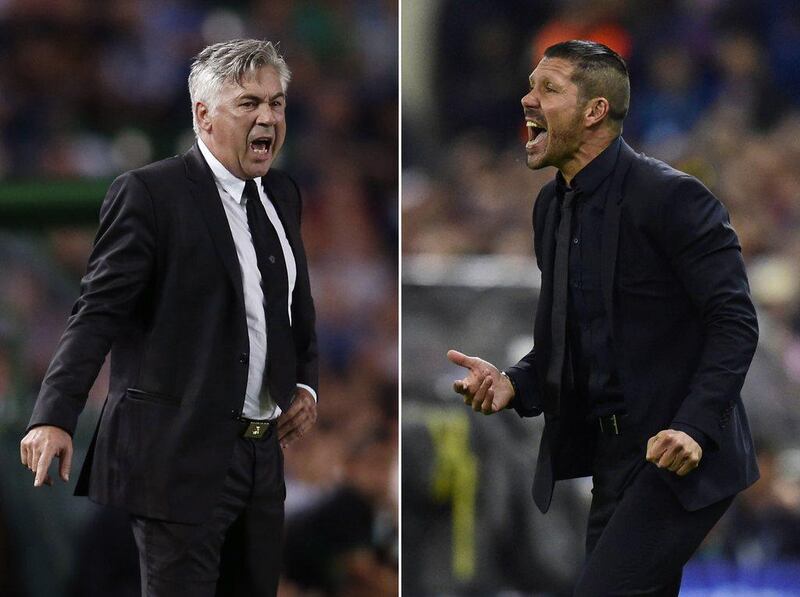Images of Real Madrid coach Carlo Ancelotti, left, and Atletico Madrid manager Diego Simeone, right, whose sides will contest the Champions League final on Saturday, May 24 2014. Javier Soriano / Jose Jordan / AFP