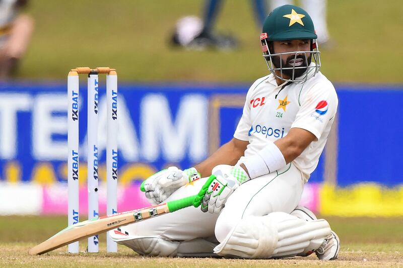 Pakistan’s Mohammad Rizwan looks on after avoiding a bouncer in Galle. AFP