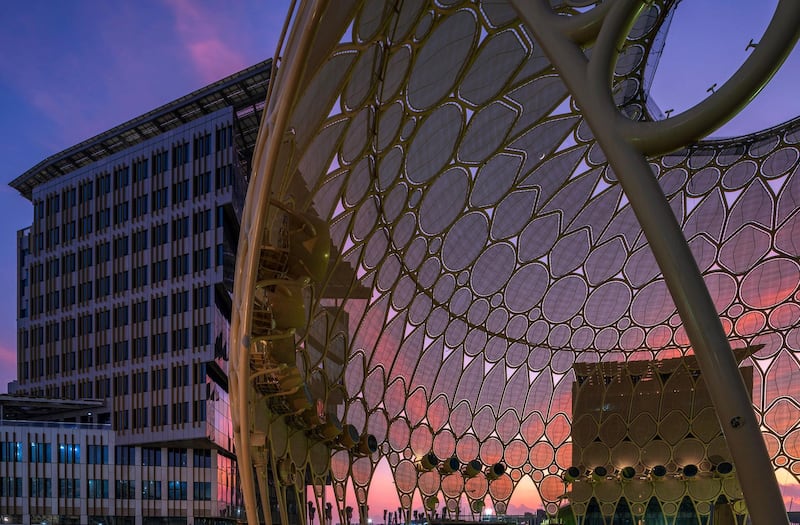 The completed centrepiece of Expo 2020, Al Wasl Plaza, pictured in January. The steel trellis is wide enough to fit two Airbus A380s inside. Expo 2020 Dubai