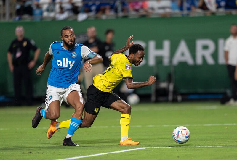 Charlotte FC defender Anton Walkes and Chelsea forward Raheem Sterling compete for the ball during the second half of a friendly match on Wednesday, July 20, 2022, in Charlotte, NC. AP 