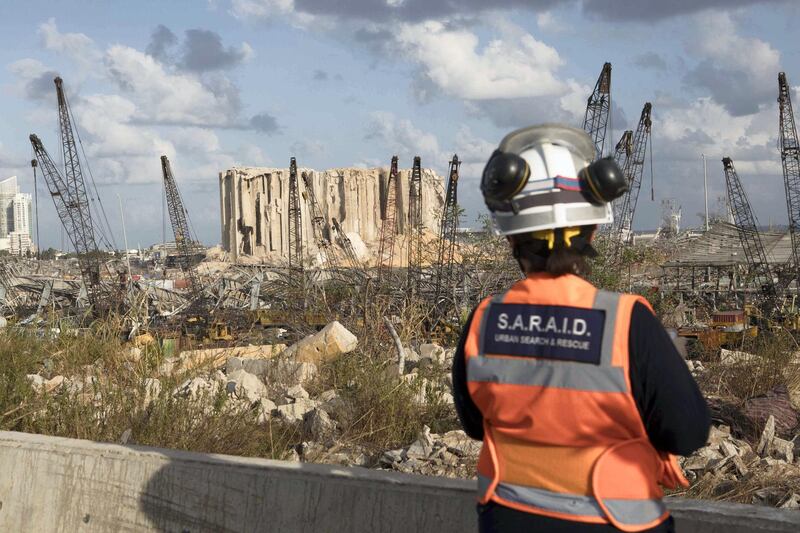 LEBANON, Beirut. 9th August 2020
A SARAID member looks over the devastation caused by the blast in the port of Beirut earlier today. SARAID, which is a search and rescue charity whilst also carrying our structural assessments, will assess the city's damage and it's safety after the explosion a few days ago. 
SARAID is a British charity which arrived in Beirut 49 hours after a blast ripped through the city, causing more than 140 deaths, 300,000 homeless and structural damage to a 20km radius. 