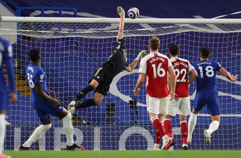 Arsenal goalkeeper Bernd Leno makes a save. EPA