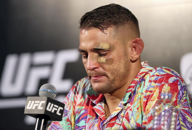 Abu Dhabi, United Arab Emirates - September 07, 2019: An emotional Dustin Poirier at the press conference. Lightweight title bout between Khabib Nurmagomedov (black shorts, winner) and Dustin Poirier in the main event at UFC 242. Saturday the 7th of September 2019. Yas Island, Abu Dhabi. Chris Whiteoak / The National