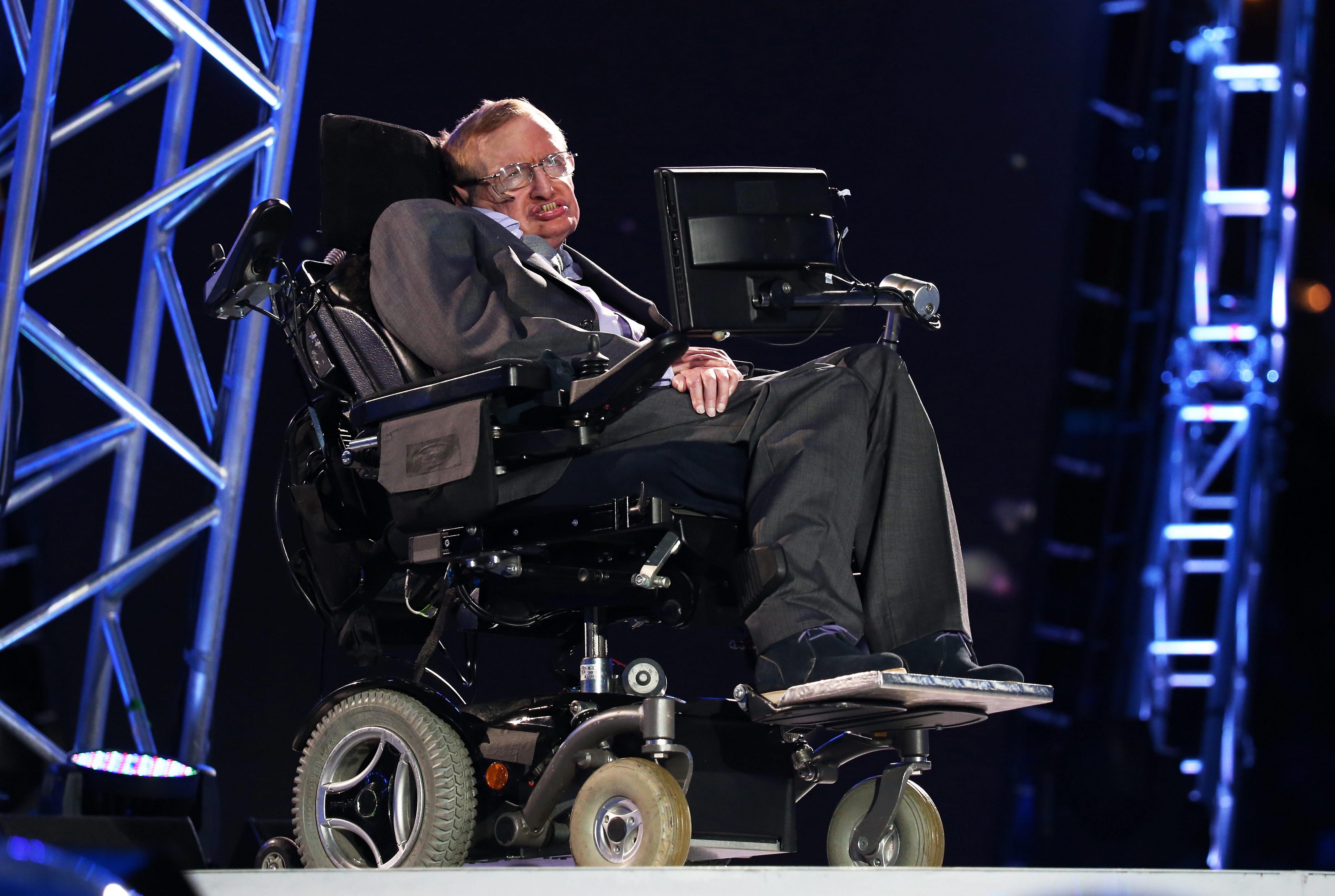 LONDON, ENGLAND - AUGUST 29:  Professor Stephen Hawking speaks during the Opening Ceremony of the London 2012 Paralympics at the Olympic Stadium on August 29, 2012 in London, England.  (Photo by Dan Kitwood/Getty Images) *** Local Caption ***  150940539.jpg