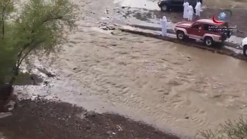 Flooding on Al Dhaid - Masafi Road between Sharjah and Ras Al Khaimah. Courtesy: National Centre of Meteorology