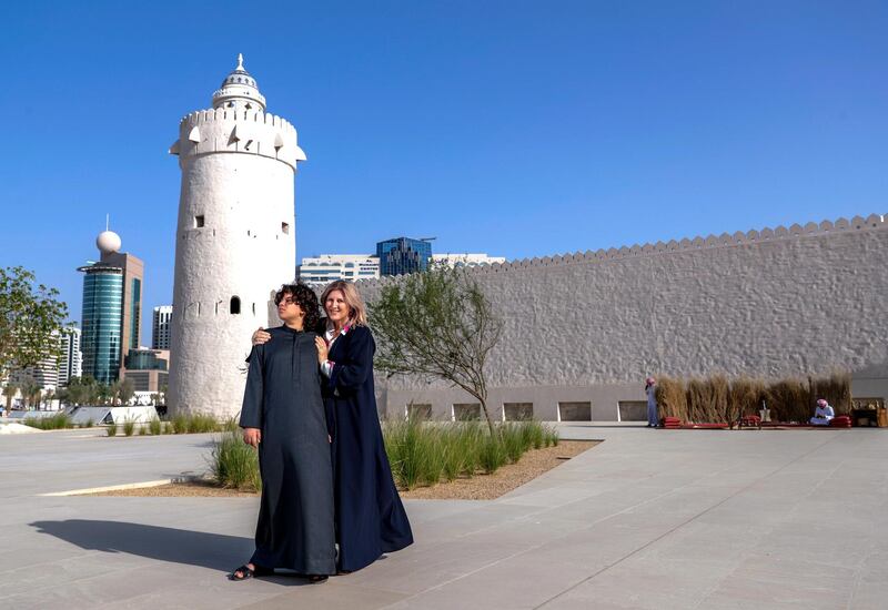 Abu Dhabi, April 17, 2019.  Michele Ziolkowski has written a sequel to a fictional story about her Autistic son Suhail and his superpowers. -- Portrait of Michele and her son Suhail at Qasr Al Hosn where the book takes place.  
Victor Besa/The National 
Section:  BZ 
Reporter:  Anna Zacharias