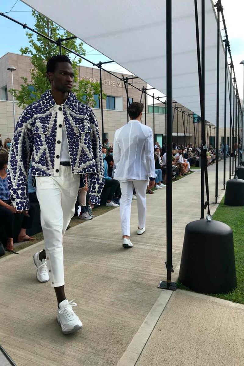 A model presents a look from the Dolce & Gabbana Spring / Summer 2021 men's collection in a live-streamed show at the university campus of the Humanitas Research Foundation during Milan Digital Fashion Week. AP photo