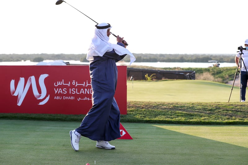 Ceremonial tee-shot by Sheikh Fahim Bin Sultan Al Qasimi, Chairman of the Arab and Emirates Golf Federations at the Abu Dhabi HSBC Championship 2022 press conference, Yas Links. Khushnum Bhandari/ The National