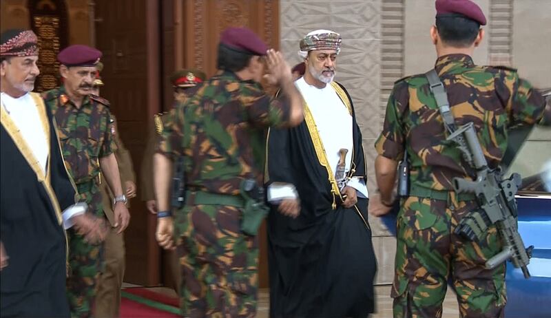 An image grab taken from Oman TV on January 11, 2020, shows Oman's Sultan Haitham bin Tariq (2-R) , following a swearing in ceremony as Oman's new leader, after the death the previous day of Sultan Qaboos,  on January 11, 2020. - Bin Tariq today pledged to follow the non-interference foreign policy of the late Sultan Qaboos that made the kingdom an important regional broker. (Photo by HO / OMAN TV / AFP) / === RESTRICTED TO EDITORIAL USE - MANDATORY CREDIT "AFP PHOTO / HO / OMAN TV" - NO MARKETING NO ADVERTISING CAMPAIGNS - DISTRIBUTED AS A SERVICE TO CLIENTS ===