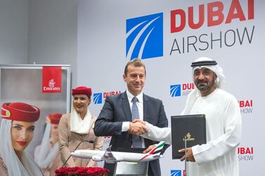Sheikh Ahmed bin Saeed of Emirates Airlines and Guillaume Faury of Airbus at the announcement of a $16bn deal for 50 new jets at the Dubai Airshow. Leslie Pableo for the National