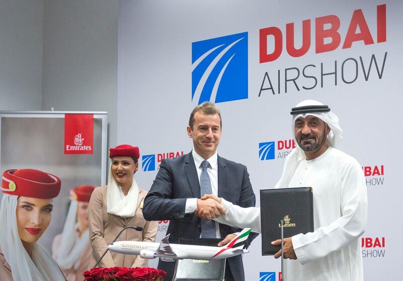 Dubai, United Arab Emirates- HH Sheikh Ahmed bin Saeed Al Maktoum of Emirates Airlines and Guillaume Faury of Airbus at Emirates press conference at the Dubai Airshow 2019 day 2 at Maktoum Airport.  Leslie Pableo for the National