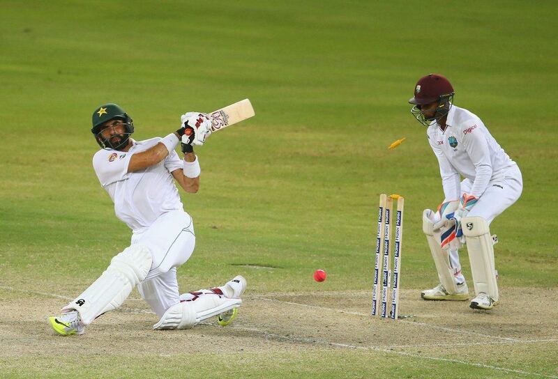 Pakistan captain Misbah-ul-Haq is bowled by Devendra Bishoo during Day 4 of the Test match between Pakistan and the West Indies in Dubai. Francois Nel /Getty Images