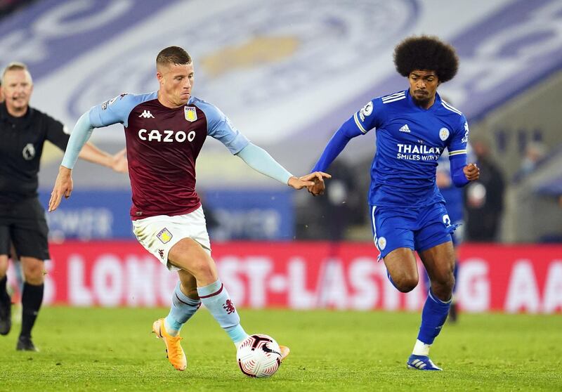 epa08756336 Hamza Choudhury (R) of Leicester in action against Ross Barkley (L) of Aston Villa during the English Premier League soccer match between Leicester City and Aston Villa in Leicester, Britain, 18 October 2020.  EPA/Jon Super / POOL EDITORIAL USE ONLY. No use with unauthorized audio, video, data, fixture lists, club/league logos or 'live' services. Online in-match use limited to 120 images, no video emulation. No use in betting, games or single club/league/player publications.