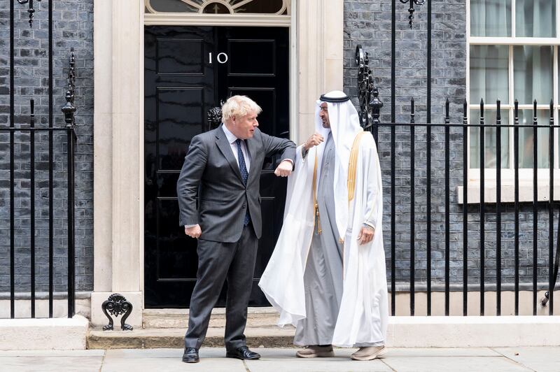 Sheikh Mohamed bin Zayed and Prime Minister Boris Johnson held wide-ranging talks in London. Ministry of Presidential Affairs