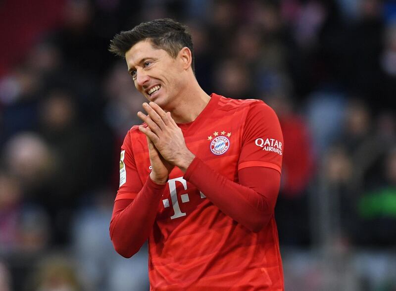 Bayern Munich's Polish forward Robert Lewandowski reacts during the German first division Bundesliga football match Bayern Munich v Werder Bremen in Munich on December 14, 2019.   - DFL REGULATIONS PROHIBIT ANY USE OF PHOTOGRAPHS AS IMAGE SEQUENCES AND/OR QUASI-VIDEO 
 / AFP / Christof STACHE / DFL REGULATIONS PROHIBIT ANY USE OF PHOTOGRAPHS AS IMAGE SEQUENCES AND/OR QUASI-VIDEO 
