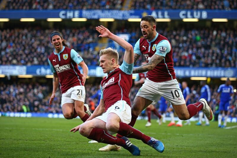 Ben Mee of Burnley celebrates scoring against Chelsea to level it 1-1 in their draw at Stamford Bridge on Saturday. Paul Gilham / Getty Images 