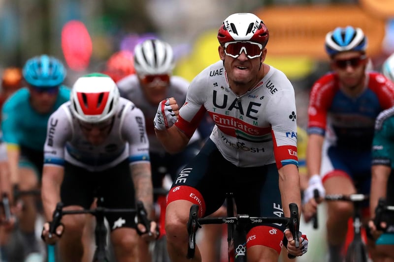 UAE Team Emirates rider Alexander Kristoff celebrates after winning Stage 1. Reuters
