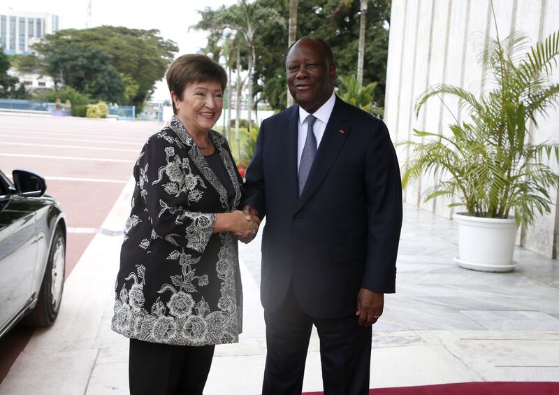 Ivorian President Alassane Ouattara welcomes IMF Managing Director Kristalina Georgieva in Abidjan on Thursday. EPA