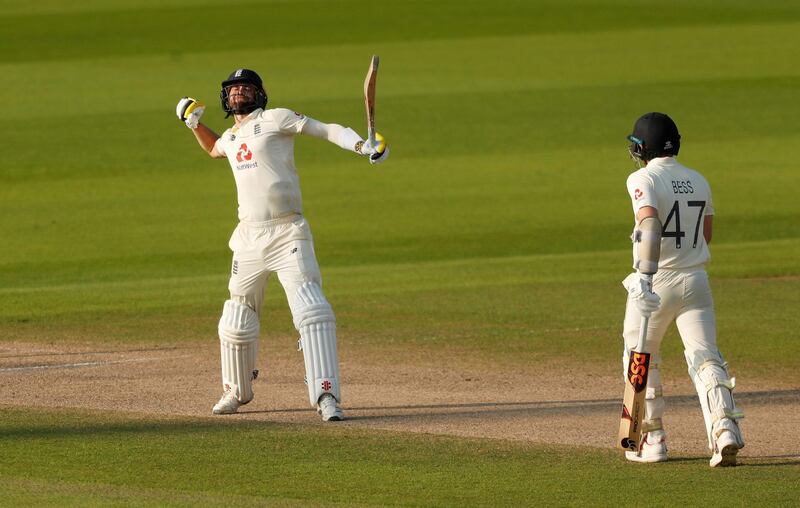 England's Chris Woakes celebrates winning the first Test against Pakistan in Manchester on Saturday, August 8. Reuters