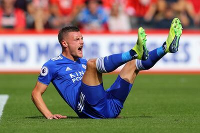 BOURNEMOUTH, ENGLAND - SEPTEMBER 15:  Jamie Vardy of Leicester City reacts during the Premier League match between AFC Bournemouth and Leicester City at Vitality Stadium on September 15, 2018 in Bournemouth, United Kingdom.  (Photo by Warren Little/Getty Images)