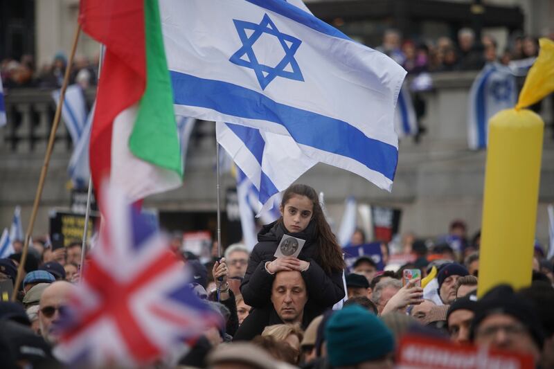 A rally supporting Israel in Trafalgar Square, London, on Sunday marks 100 days since Hamas stormed Israel on October 7. PA