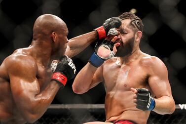 Kamaru Usman punches Jorge Masvidal during their welterweight title bout at UFC 261 in Jacksonville, Florida. Getty