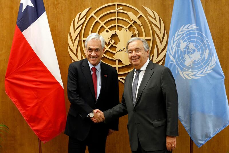 Chile's President Sebastian Pinera, left, meets with United Nations Secretary-General Antonio Guterres during the 74th session of the U.N. General Assembly, at U.N. headquarters. AP Photo