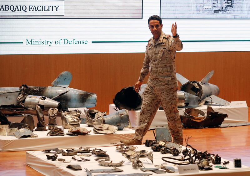 Saudi military spokesman Col. Turki Al Malki displays what he describes as an Iranian cruise missile and drones used in the attack, during a press conference in Riyadh, Saudi Arabia, Wednesday, September 18, 2019.  AP Photo/Amr Nabil