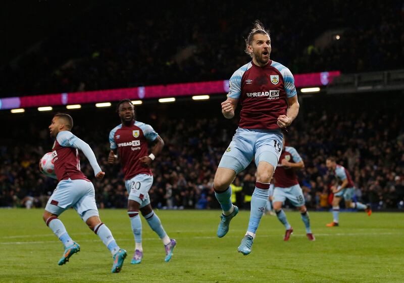 Burnley's Jay Rodriguez celebrates scoring their second goal to level at 2-2. Reuters