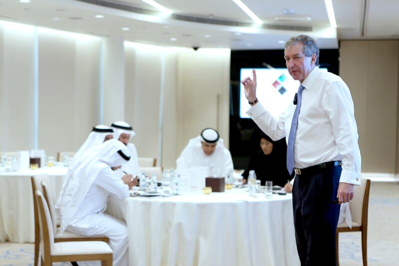 Chris Roebuck speaks during the UAE Government Leaders Programme at the Emirates Office Tower in Dubai. Pawan Singh / The National