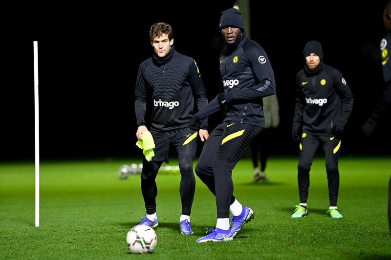 Marcos Alonso and Romelu Lukaku during a training session ahead of the League Cup semi-final against Tottenham.