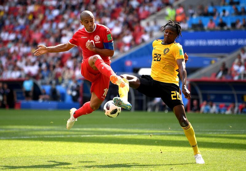 MOSCOW, RUSSIA - JUNE 23:  Wahbi Khazri of Tunisia battles for possession with Dedryck Boyata of Belgium during the 2018 FIFA World Cup Russia group G match between Belgium and Tunisia at Spartak Stadium on June 23, 2018 in Moscow, Russia.  (Photo by Laurence Griffiths/Getty Images) *** BESTPIX ***