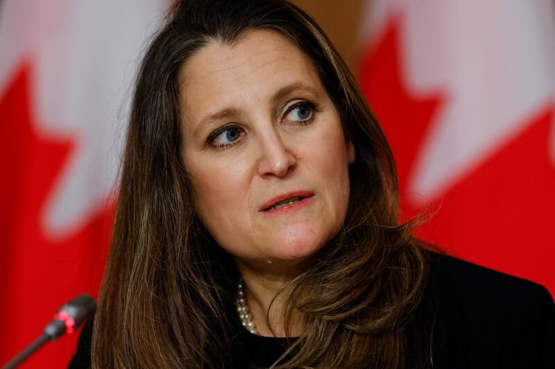 Canada's Finance Minister Chrystia Freeland takes part in a news conference amid the outbreak of the coronavirus disease (COVID-19) in Ottawa, Ontario, Canada, April 20, 2021. REUTERS/Blair Gable