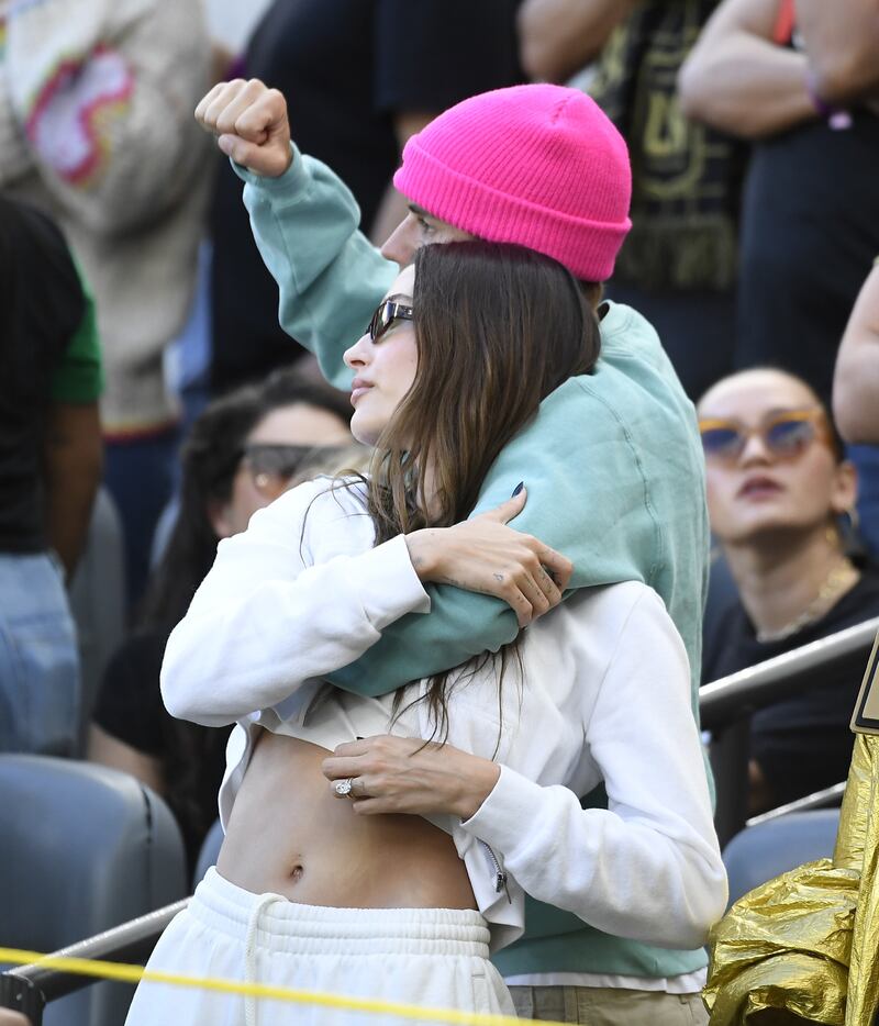 Justin Bieber and Hailey Bieber watch the 2022 MLS Cup Final. AFP