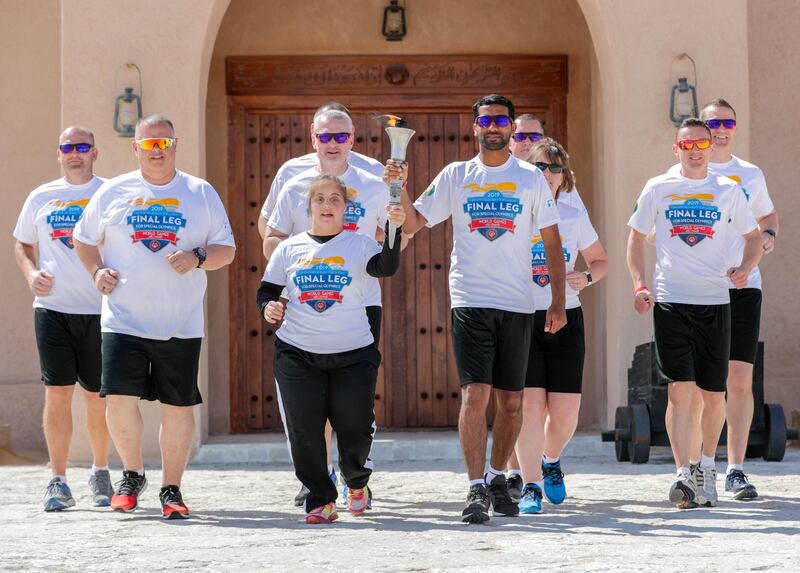 Abu Dhabi, United Arab Emirates, March 12, 2019.Special Olympics Torch Run Photo Opp at the Al Dhafrah Fort.
Victor Besa/The National
Reporter:  Shireena Al Nuwais
Section:  NA