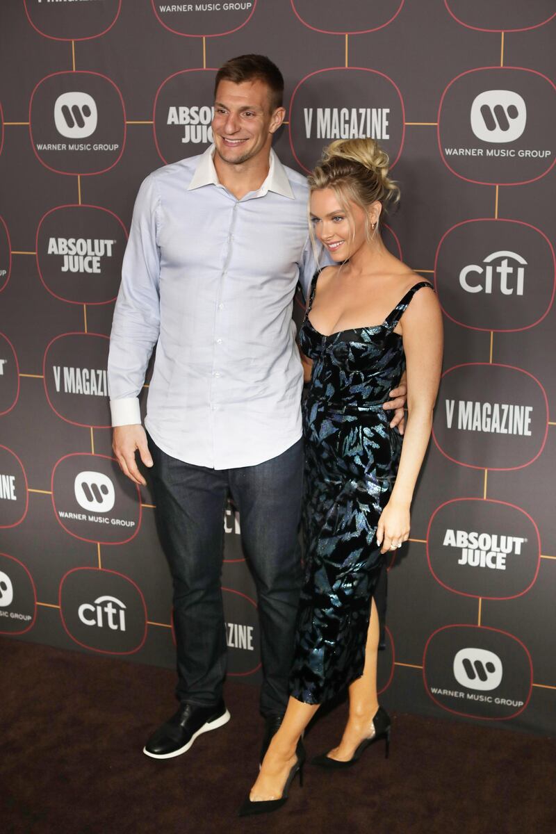 Rob Gronkoski and Camille Kostek attend the Warner Music Group Pre-Grammy Party, at the Hollywood Athletic Club in Los Angeles, California, on  Thursday, January 23. EPA