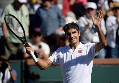 Roger Federer, of Switzerland, acknowledges the fans after his win over Kyle Edmund, of Britain, at the BNP Paribas Open tennis tournament Wednesday, March 13, 2019, in Indian Wells, Calif. (AP Photo/Mark J. Terrill)